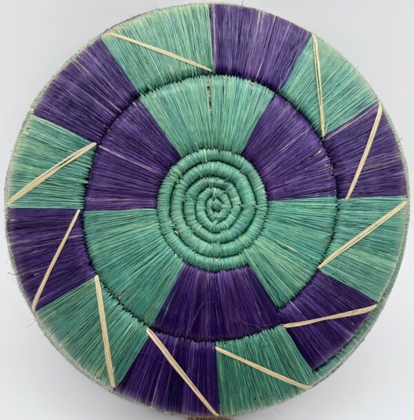 Hand Woven Basket bowl round coiled boho wall hanging purple green/teal 10.25" - Image 5