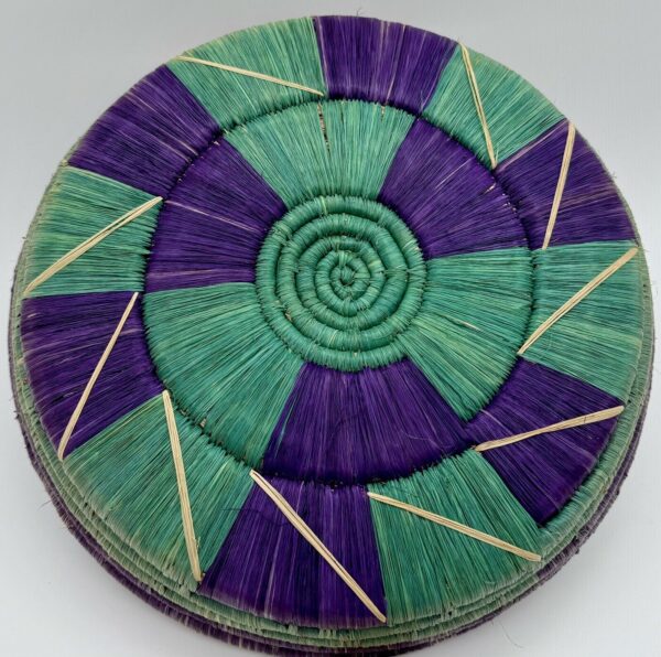 Hand Woven Basket bowl round coiled boho wall hanging purple green/teal 10.25" - Image 6