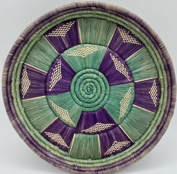 Hand Woven Basket bowl round coiled boho wall hanging purple green/teal 10.25"