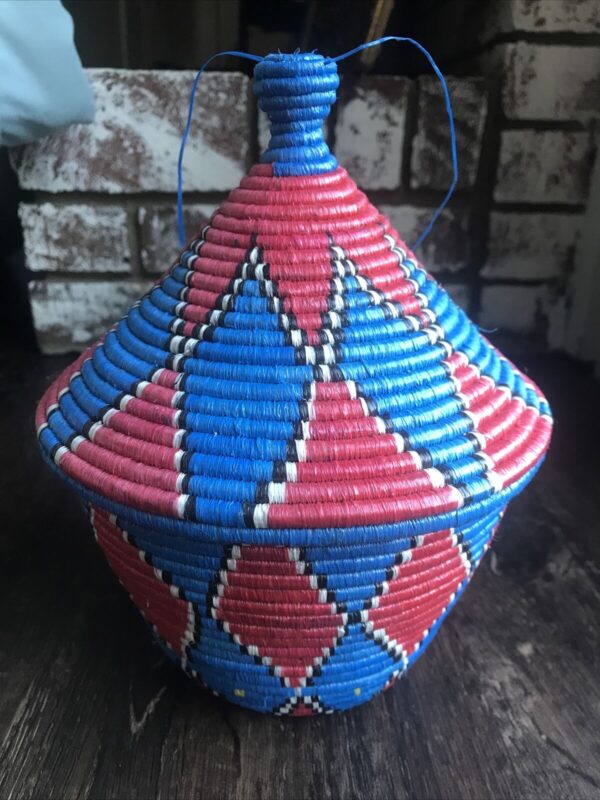 Hand-Woven Berber Basket Handmade Moroccan Wicker Basket Abstract Boho w/lid