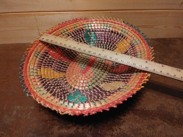 Hand Woven Coil Basket VTG Boho Wall Table Decor Grass Colourful Natural Fibers - Image 2