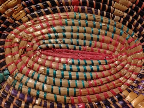 Hand Woven Coil Basket VTG Boho Wall Table Decor Grass Colourful Natural Fibers - Image 6