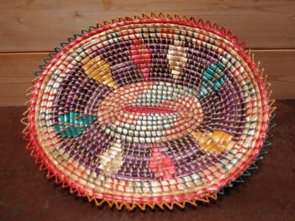 Hand Woven Coil Basket VTG Boho Wall Table Decor Grass Colourful Natural Fibers