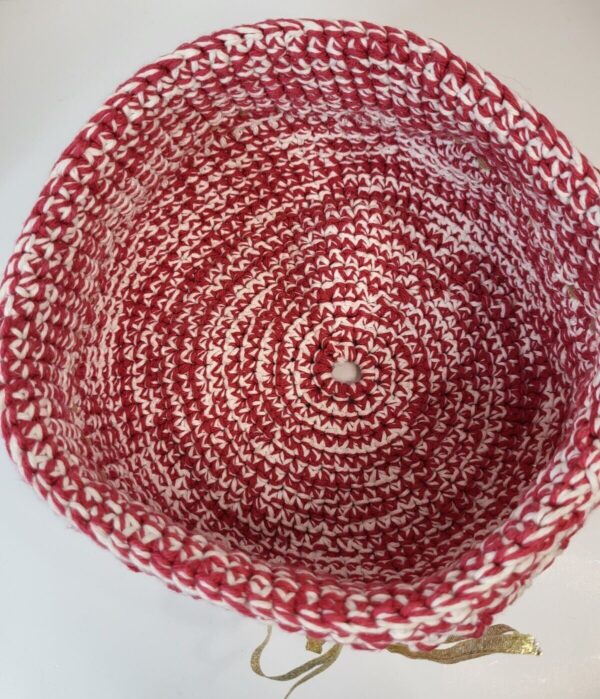 Hand Woven Crochet Basket Round Boho Red White Gold - Image 2