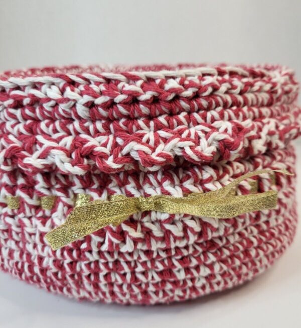 Hand Woven Crochet Basket Round Boho Red White Gold - Image 4