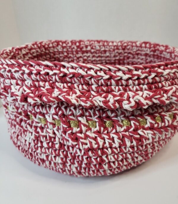 Hand Woven Crochet Basket Round Boho Red White Gold - Image 5