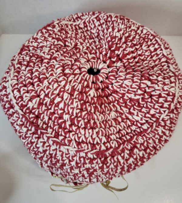 Hand Woven Crochet Basket Round Boho Red White Gold - Image 6