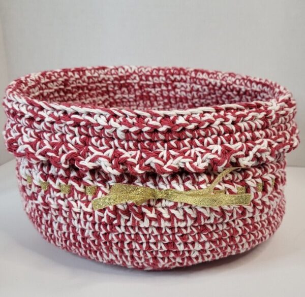 Hand Woven Crochet Basket Round Boho Red White Gold