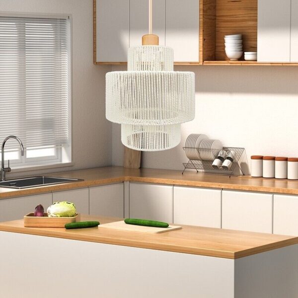 Hand-Woven Rattan Pendant Light, Farmhouse Hanging Lamp Chandelier for Kitchen