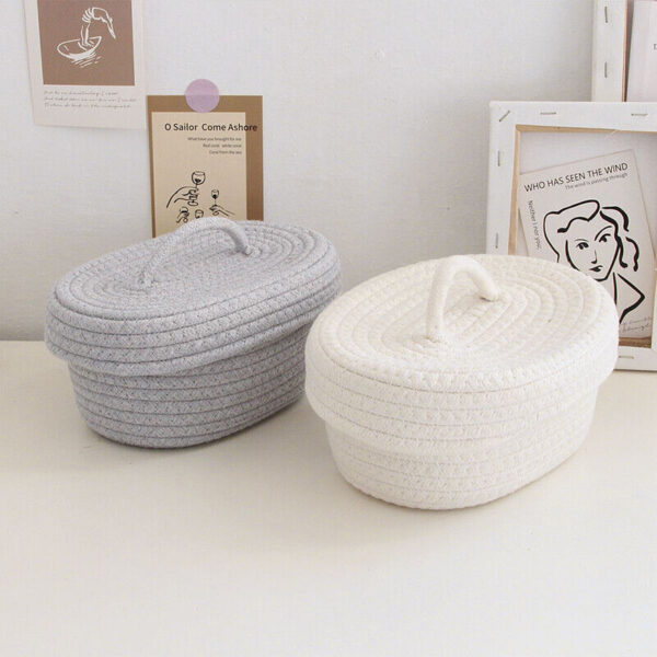 Hand Woven Rope Basket Sundries Storage Basket with Lid Handles Organizer Bin - Image 6