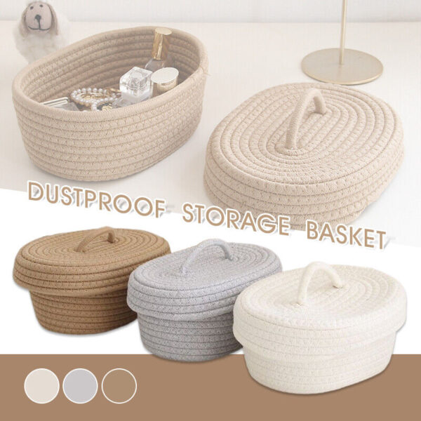 Hand Woven Rope Basket Sundries Storage Basket with Lid Handles Organizer Bin