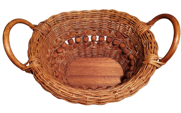 Handcrafted Wicker Basket w Wooden Beads Bentwood Handles Garden Boho Chic Vtg - Image 2