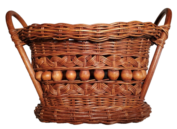 Handcrafted Wicker Basket w Wooden Beads Bentwood Handles Garden Boho Chic Vtg - Image 5