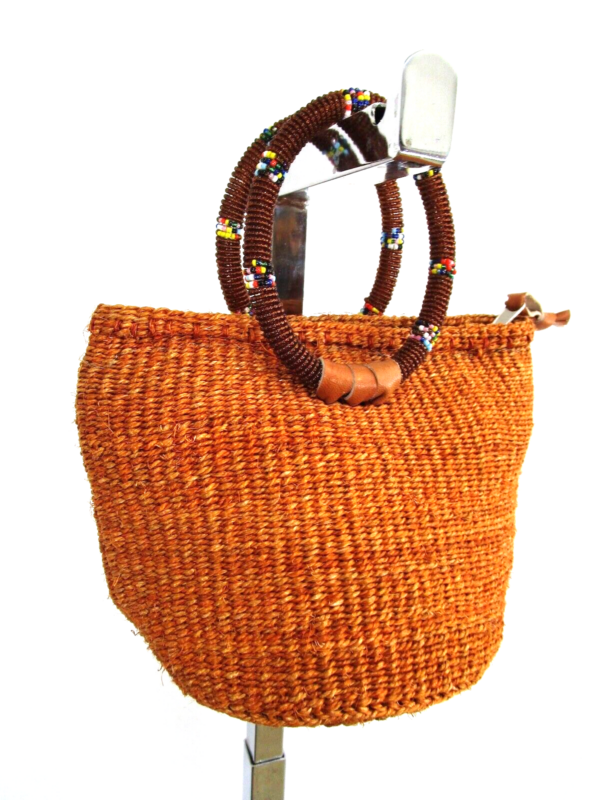 Handmade African Small Brown Woven Basket Beaded Handle Top Zip Clutch Handbag - Image 2