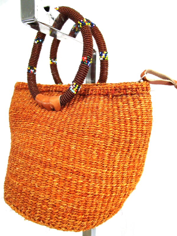 Handmade African Small Brown Woven Basket Beaded Handle Top Zip Clutch Handbag - Image 3