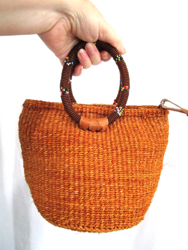 Handmade African Small Brown Woven Basket Beaded Handle Top Zip Clutch Handbag - Image 4