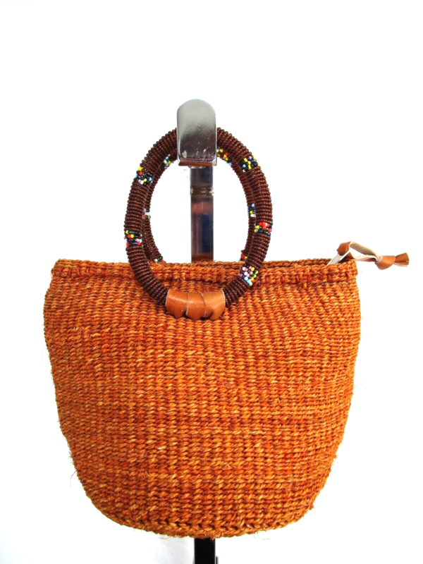 Handmade African Small Brown Woven Basket Beaded Handle Top Zip Clutch Handbag