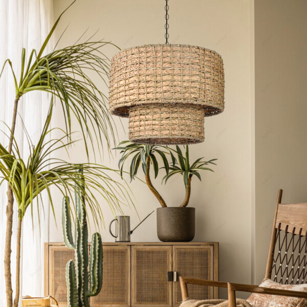 Handmade Rattan Lampshade Traditional Hanging Pendant Light Rattan Chandelier - Image 4