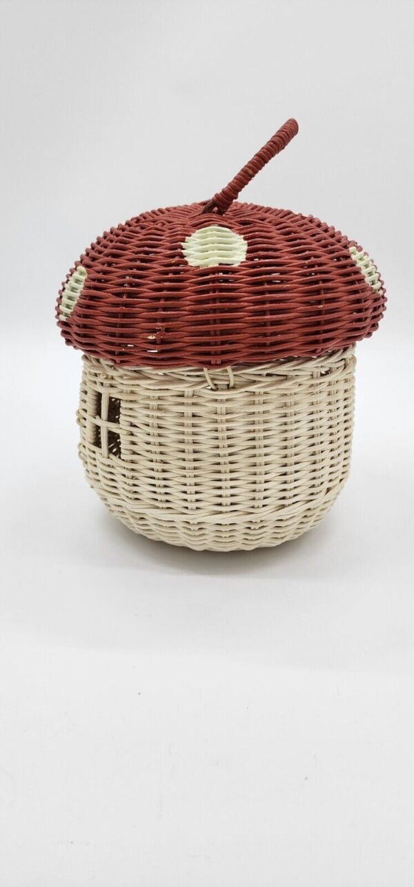 Handmade Rattan Red Polka Dot Mushroom-Shaped Storage Basket Boho Unique Kitschy - Image 2