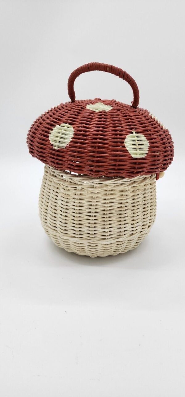 Handmade Rattan Red Polka Dot Mushroom-Shaped Storage Basket Boho Unique Kitschy - Image 3