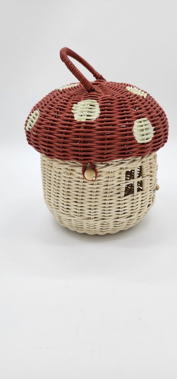 Handmade Rattan Red Polka Dot Mushroom-Shaped Storage Basket Boho Unique Kitschy - Image 4