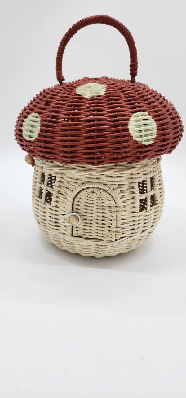 Handmade Rattan Red Polka Dot Mushroom-Shaped Storage Basket Boho Unique Kitschy - Image 5