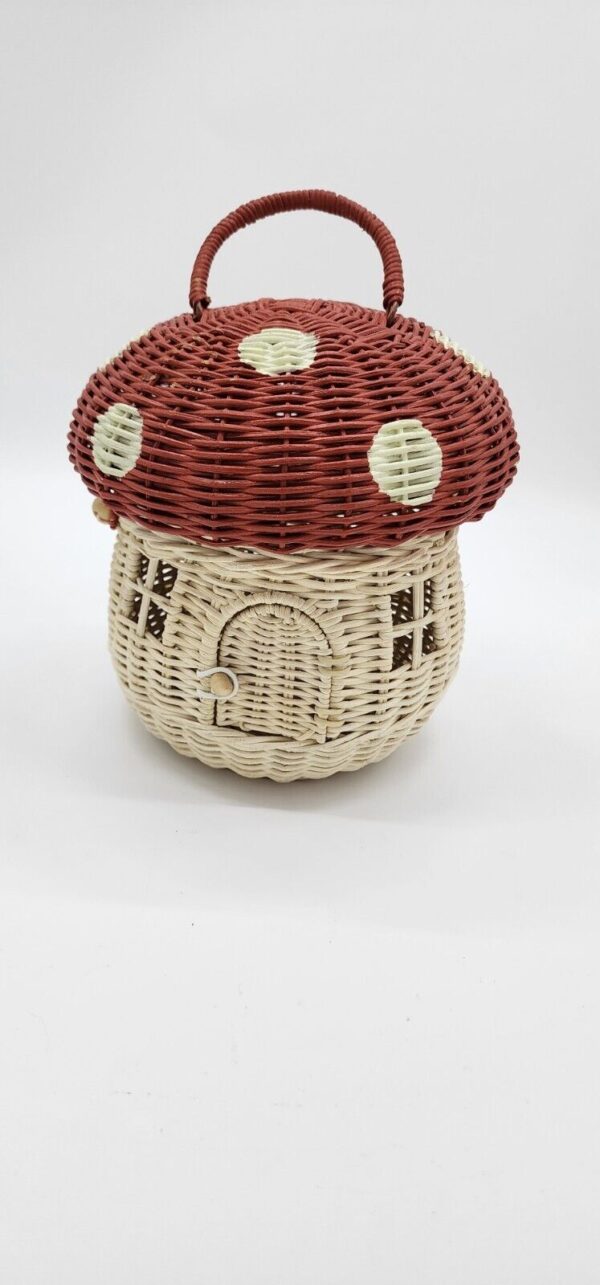 Handmade Rattan Red Polka Dot Mushroom-Shaped Storage Basket Boho Unique Kitschy