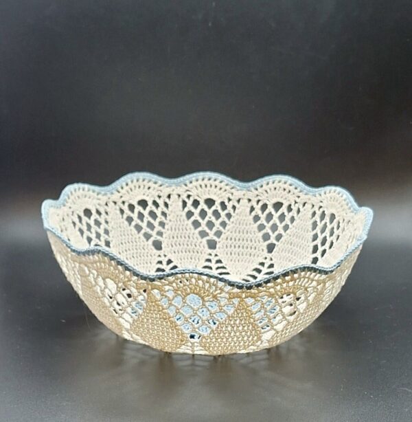 Handmade Starched Crochet Bowl 9" Blue White Vintage Boho Trinket Basket - Image 2