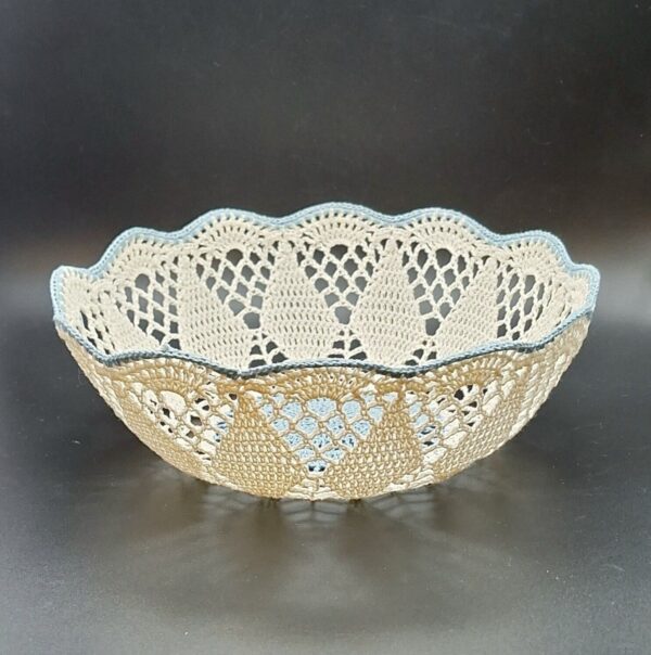 Handmade Starched Crochet Bowl 9" Blue White Vintage Boho Trinket Basket - Image 3