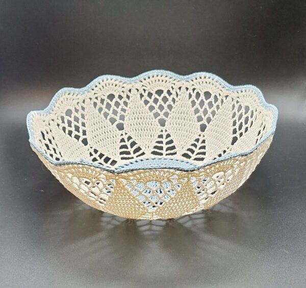 Handmade Starched Crochet Bowl 9" Blue White Vintage Boho Trinket Basket - Image 4