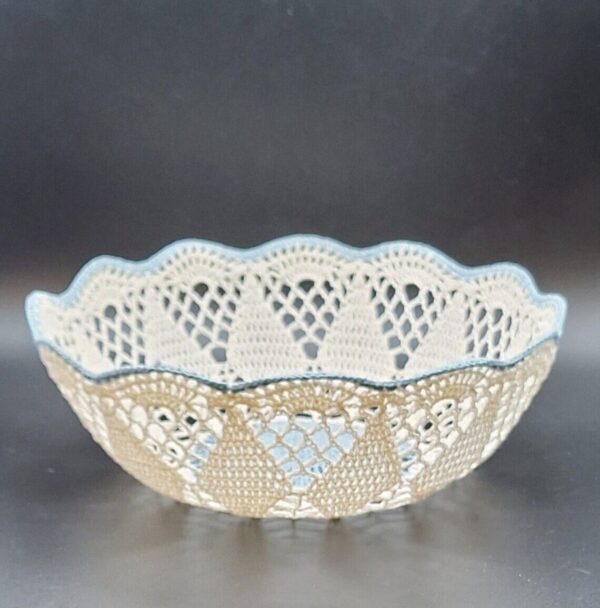 Handmade Starched Crochet Bowl 9" Blue White Vintage Boho Trinket Basket - Image 5