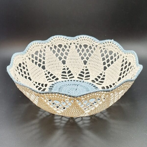 Handmade Starched Crochet Bowl 9" Blue White Vintage Boho Trinket Basket - Image 6