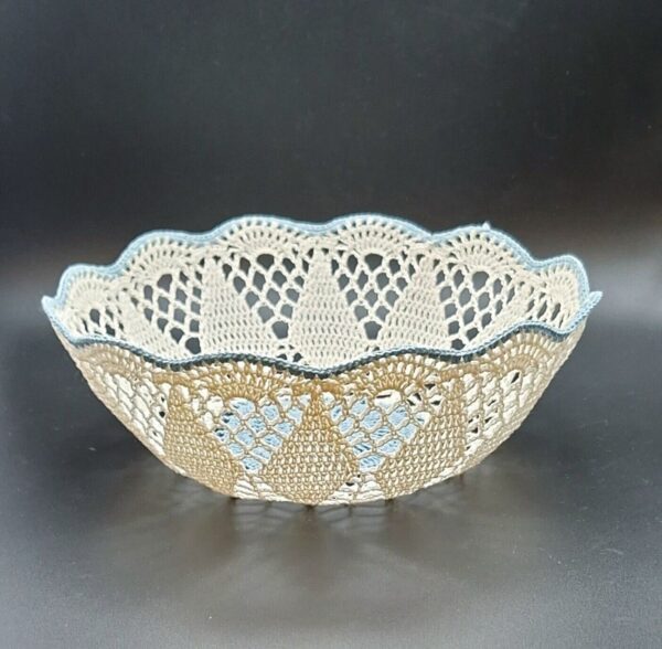 Handmade Starched Crochet Bowl 9" Blue White Vintage Boho Trinket Basket