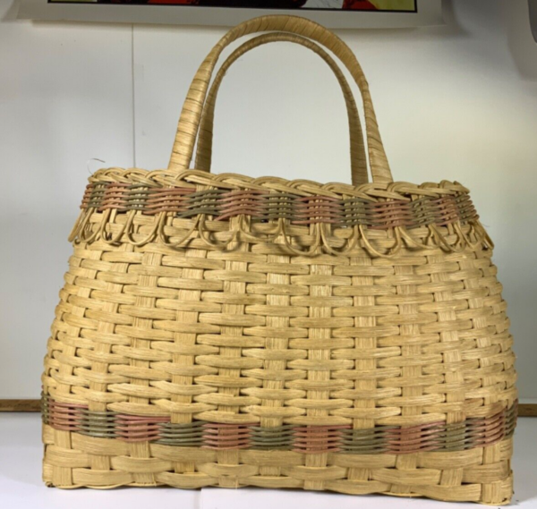 Handmade wicker basket rattan woven two handle Very nice Two Tone