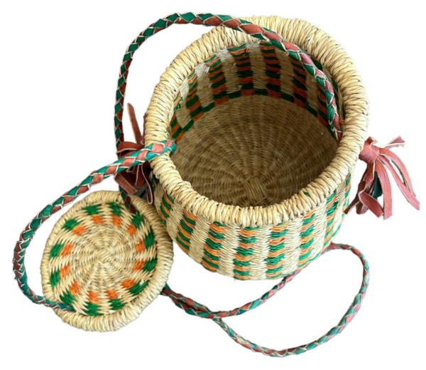 Handmade Woven Basket With Lid Purse Multicolor Leather Strap Natural Bohemian - Image 4