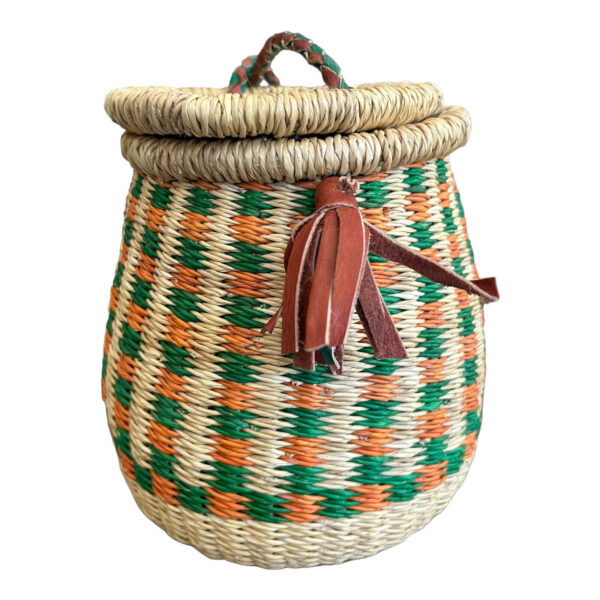 Handmade Woven Basket With Lid Purse Multicolor Leather Strap Natural Bohemian - Image 3