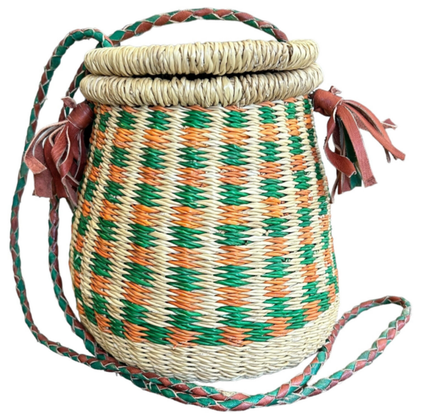 Handmade Woven Basket With Lid Purse Multicolor Leather Strap Natural Bohemian