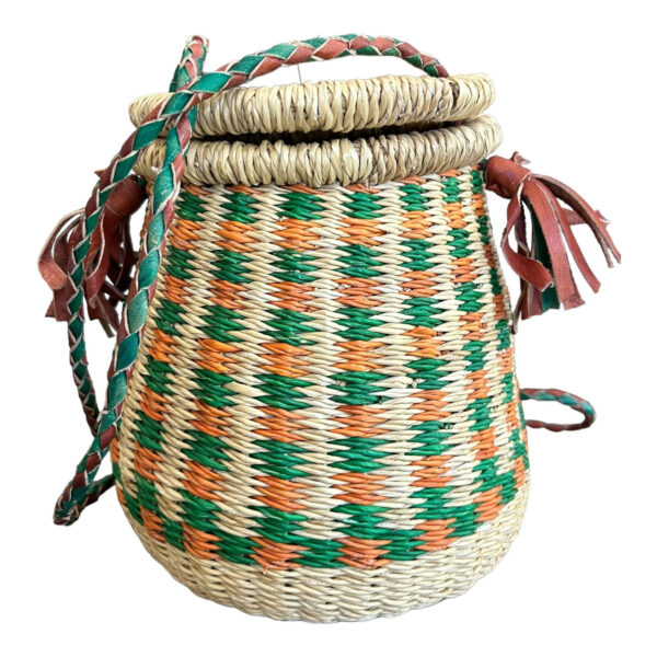 Handmade Woven Basket With Lid Purse Multicolor Leather Strap Natural Bohemian - Image 2