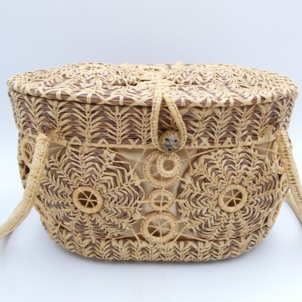 Handmade Woven Pine Straw Basket Purse 10x7 Wood Bottom Retro Boho VTG EUC - Image 3