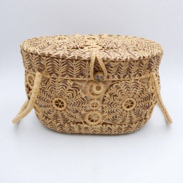 Handmade Woven Pine Straw Basket Purse 10x7 Wood Bottom Retro Boho VTG EUC - Image 2