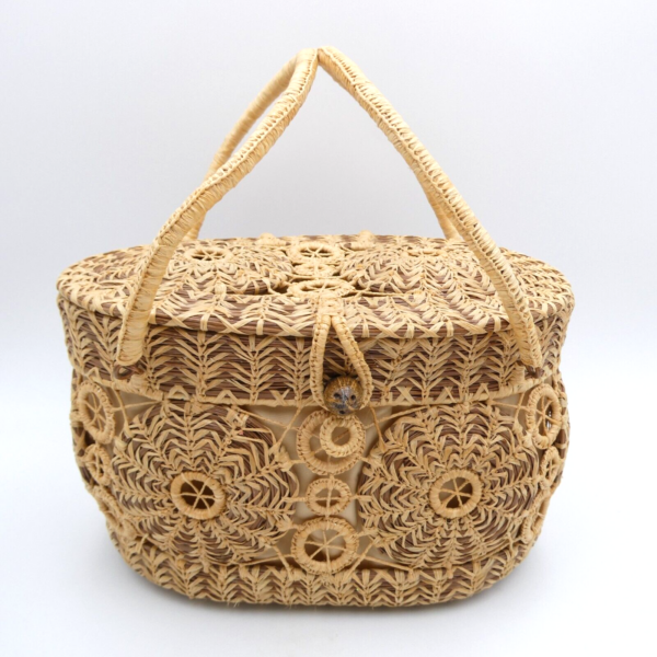 Handmade Woven Pine Straw Basket Purse 10x7 Wood Bottom Retro Boho VTG EUC