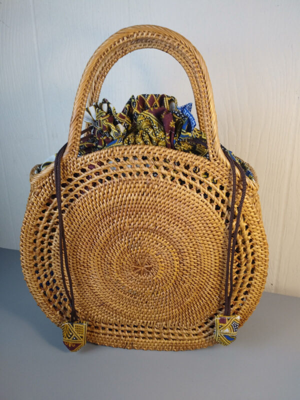 Handwoven Bali Rattan Basket Bag Attagrass Round Drawstring Handbag Boho - Image 2