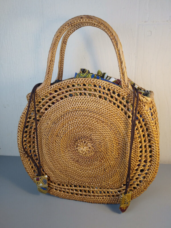 Handwoven Bali Rattan Basket Bag Attagrass Round Drawstring Handbag Boho