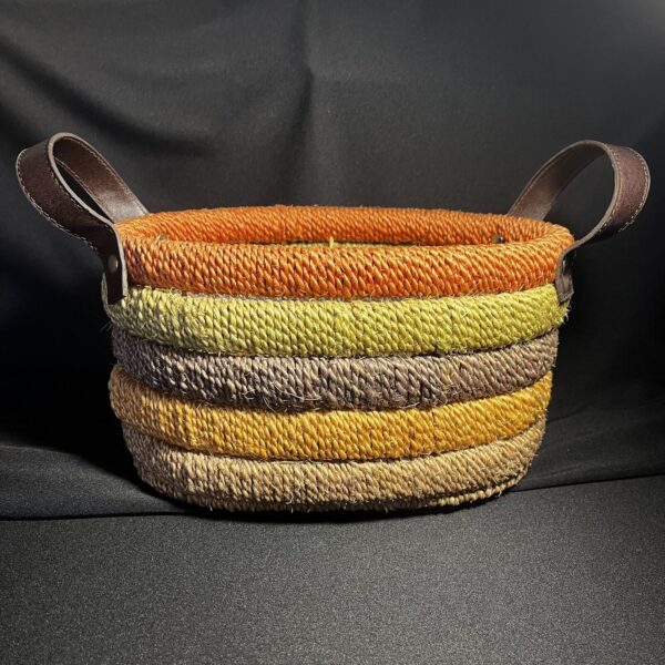 Handwoven Basket W/ Leather Handles Layered Colorful Boho 9.5x6.5x5.5 - Image 2