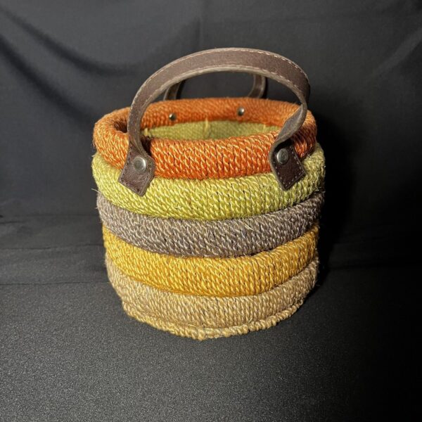 Handwoven Basket W/ Leather Handles Layered Colorful Boho 9.5x6.5x5.5 - Image 3