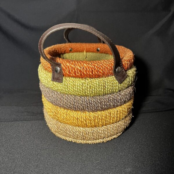 Handwoven Basket W/ Leather Handles Layered Colorful Boho 9.5x6.5x5.5 - Image 4