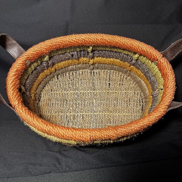 Handwoven Basket W/ Leather Handles Layered Colorful Boho 9.5x6.5x5.5 - Image 5