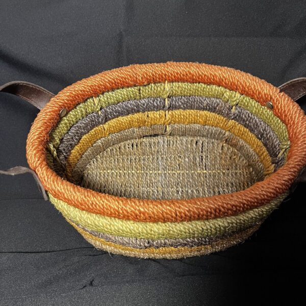 Handwoven Basket W/ Leather Handles Layered Colorful Boho 9.5x6.5x5.5 - Image 6