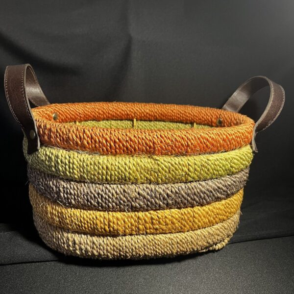 Handwoven Basket W/ Leather Handles Layered Colorful Boho 9.5x6.5x5.5