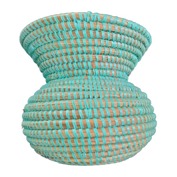 Handwoven Coil Basket Vase Boho Natural Base w Bright Light Teal Threading 7"X9" - Image 2